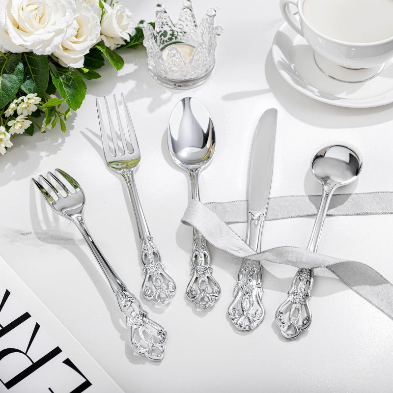 Joyido 150PCS Silver Plastic Silverware - Heavy Duty Silver Disposable Cutlery - Fancy Plastic Utensils Flatware Include 50 Forks  50 Spoons  50 Knives for Catering  Parties  Dinners  Weddings - Image 4
