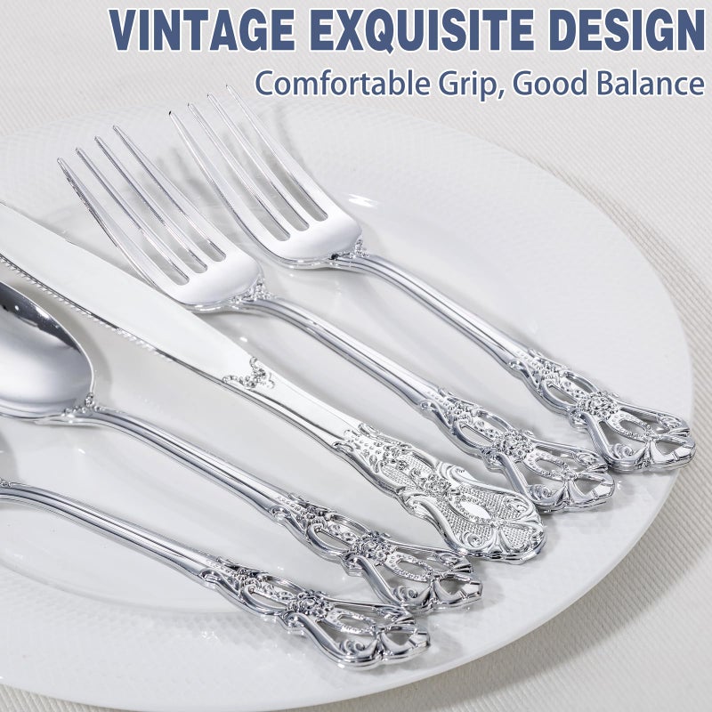 Joyido 150PCS Silver Plastic Silverware - Heavy Duty Silver Disposable Cutlery - Fancy Plastic Utensils Flatware Include 50 Forks  50 Spoons  50 Knives for Catering  Parties  Dinners  Weddings - Image 3