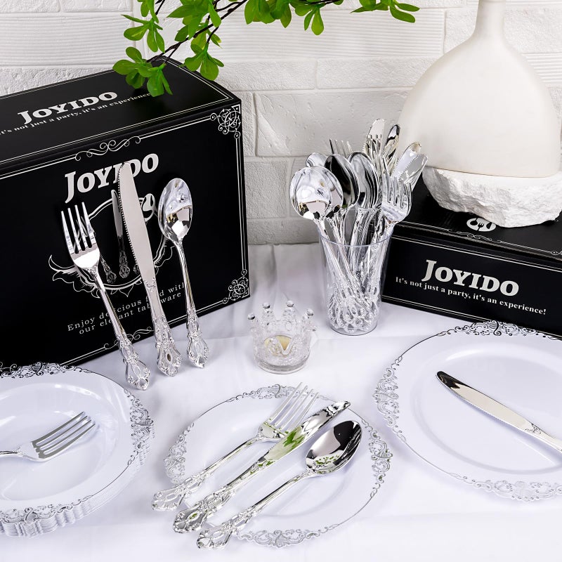 Joyido 150PCS Silver Plastic Silverware - Heavy Duty Silver Disposable Cutlery - Fancy Plastic Utensils Flatware Include 50 Forks  50 Spoons  50 Knives for Catering  Parties  Dinners  Weddings - Image 2