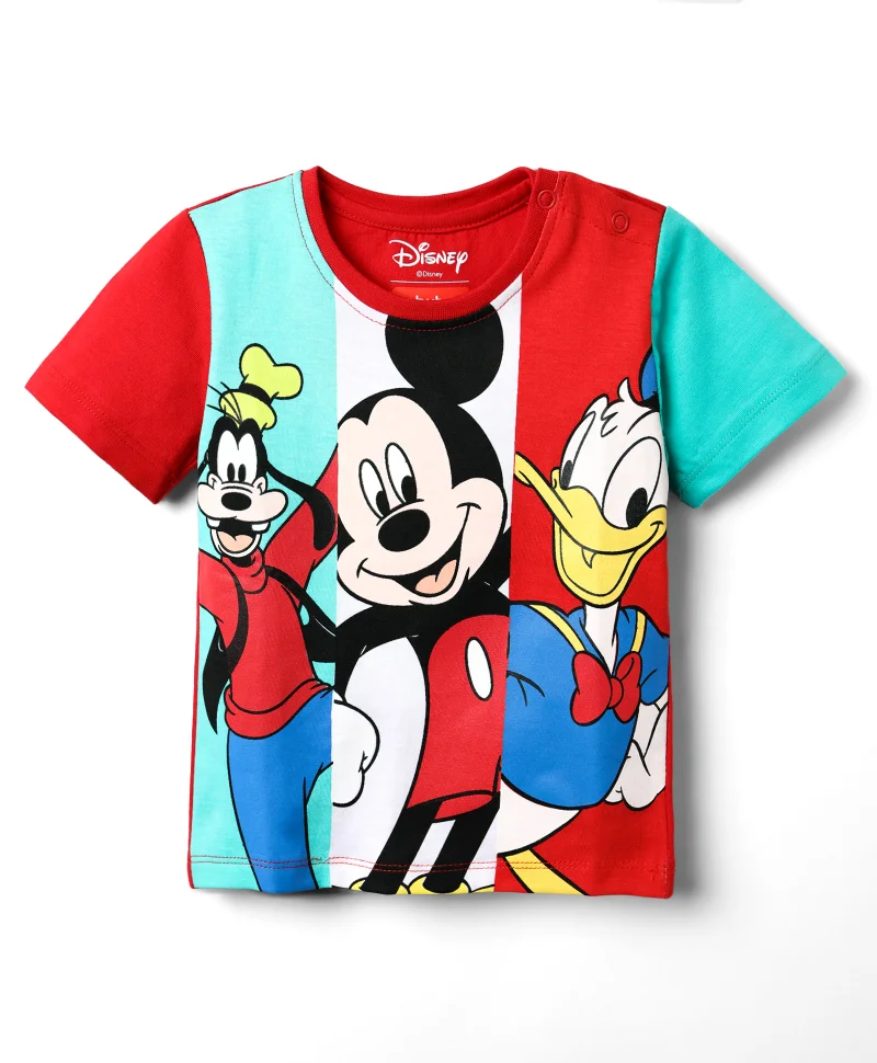 Babyhug Disney Babyhug Disney Single Jersey Knit Half Sleeves T-Shirt With Mickey And Friends Graphics - Red & Aqua Blue