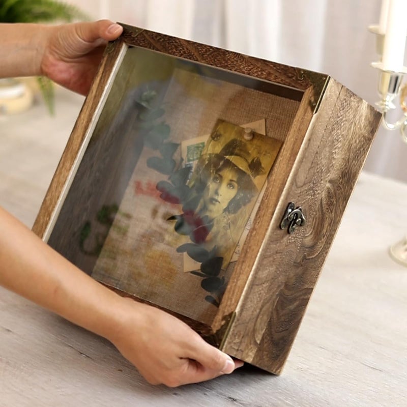 KAASTHAA 11x11 Deep Shadow Box Frame, 4.5" Depth – Burnt Wood Display Case with Acrylic Door, Vintage Metal Corners. Holds Medals, Photos, Coins, Awards, Wedding & Military Keepsakes - Image 5