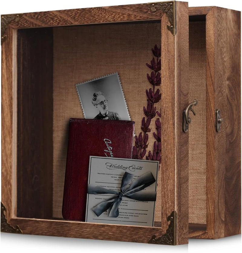 KAASTHAA 11x11 Deep Shadow Box Frame, 4.5" Depth – Burnt Wood Display Case with Acrylic Door, Vintage Metal Corners. Holds Medals, Photos, Coins, Awards, Wedding & Military Keepsakes - Image 4