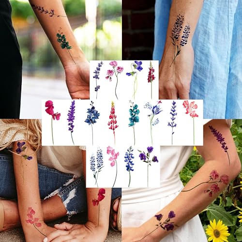 GOROMON 15 Sheets Watercolor Flower Lavender Temporary Tattoos For Women Adults, Water Color Tiny Wild Floral Tattoo Sticker, Fake Tattoos That Look Real And Long Lasting - Image 4