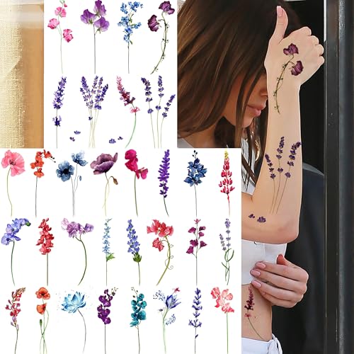 GOROMON 15 Sheets Watercolor Flower Lavender Temporary Tattoos For Women Adults, Water Color Tiny Wild Floral Tattoo Sticker, Fake Tattoos That Look Real And Long Lasting - Image 5