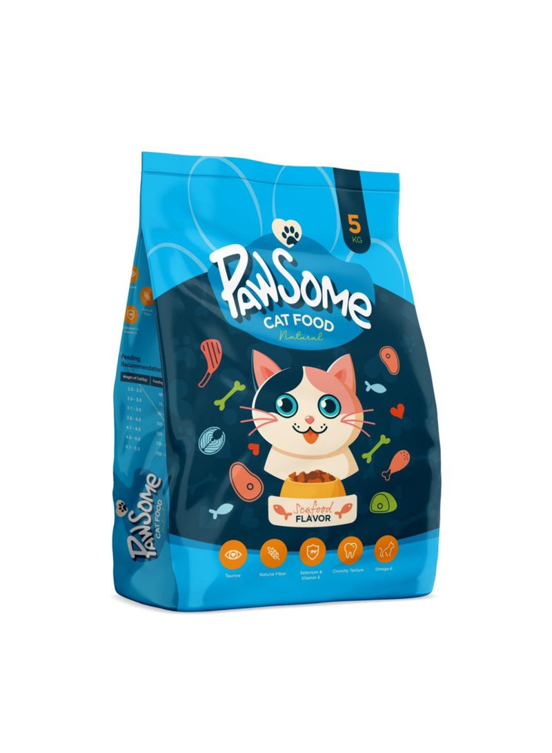 PAWSOME Dry Cat Food - 5 kg Seafood Flavor, Natural Fiber, Taurine and Crunchy Texture - Image 1