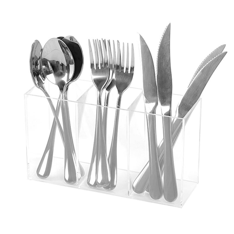 Clear Acrylic Cutlery Storage Organizer Plastic Cutlery Utensil Holder Storage Organizer Caddy for Kitchen Countertop Organization Holds Fork Knife Spoon Pen Silverware Tableware Storage Box