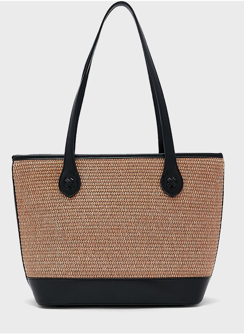 Khizana - Raffia And Pu Edge Tote Bag - Image 1