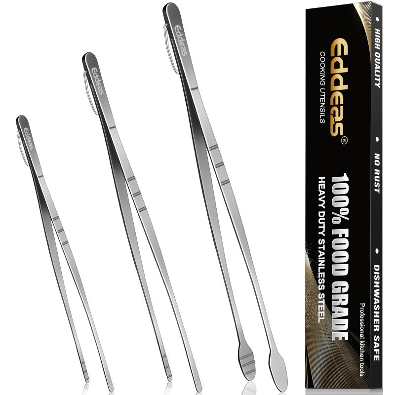 Eddeas Kitchen Tweezers Tongs Cooking Tweezers Stainless Steel 3 Size 12 10 8 inch Ideal for Meat pasta plating and pinching delicate small pieces of food Set of 3