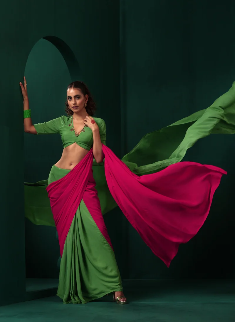 trueBrowns trueBrowns Green Pink Muslin Silk Ready To Wear Saree