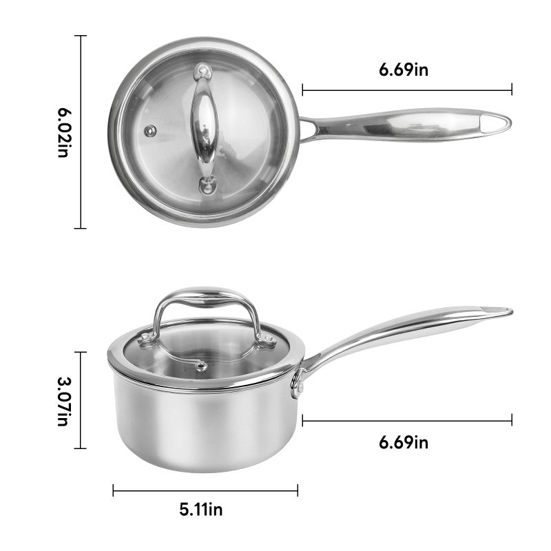 Macevia Sauce Pan with Glass Lid, 18/10 Stainless Steel Pot with Stay-Cool Handle, For All Stoves Multipurpose Use for Home Kitchen or Restaurantï¼ˆ1 Quartï¼‰- Silver - Image 2