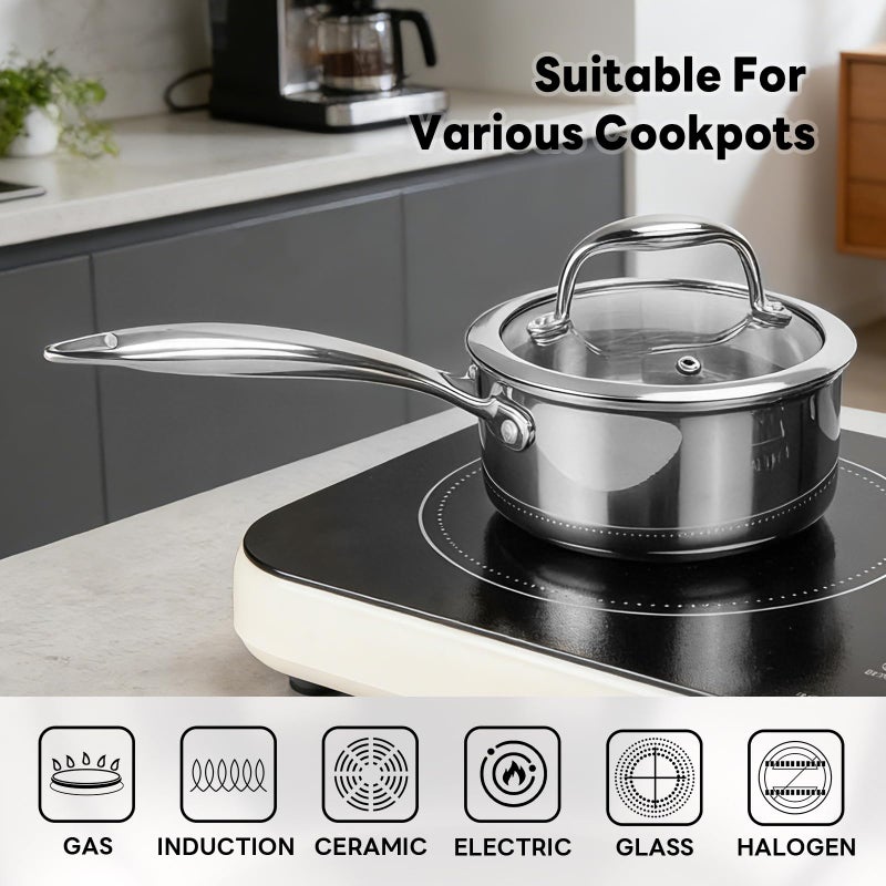 Macevia Sauce Pan with Glass Lid, 18/10 Stainless Steel Pot with Stay-Cool Handle, For All Stoves Multipurpose Use for Home Kitchen or Restaurantï¼ˆ1 Quartï¼‰- Silver - Image 4