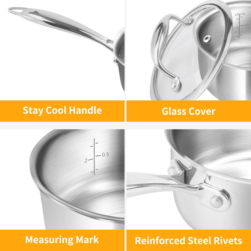 Macevia Sauce Pan with Glass Lid, 18/10 Stainless Steel Pot with Stay-Cool Handle, For All Stoves Multipurpose Use for Home Kitchen or Restaurantï¼ˆ1 Quartï¼‰- Silver - Image 5
