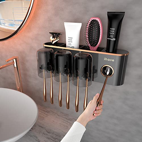 iHave Toothbrush Holders Bathroom Accessories with Toothpaste Dispenser, 3 Cups Toothbrush Holder Wall Mounted Bathroom Decor - Image 1