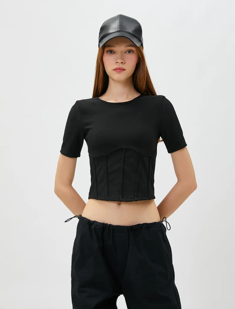 KOTON Crop T-Shirt Corset Look Short Sleeve Crew Neck