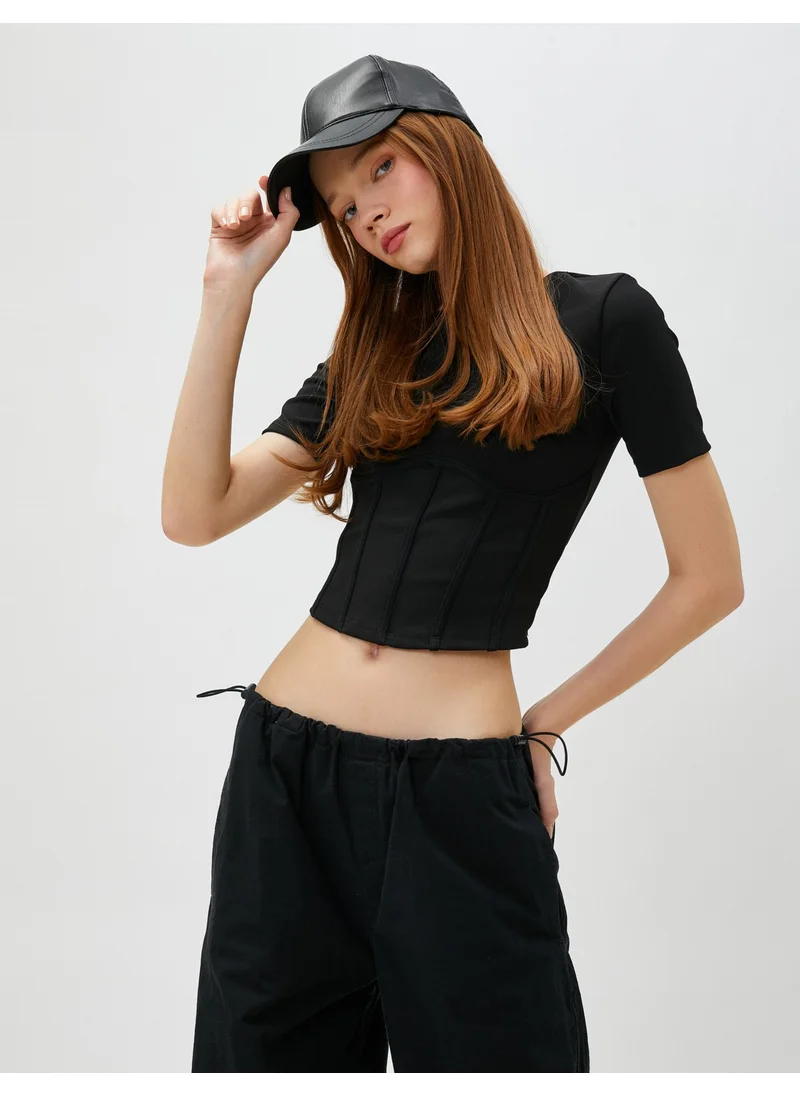 كوتون Crop T-Shirt Corset Look Short Sleeve Crew Neck