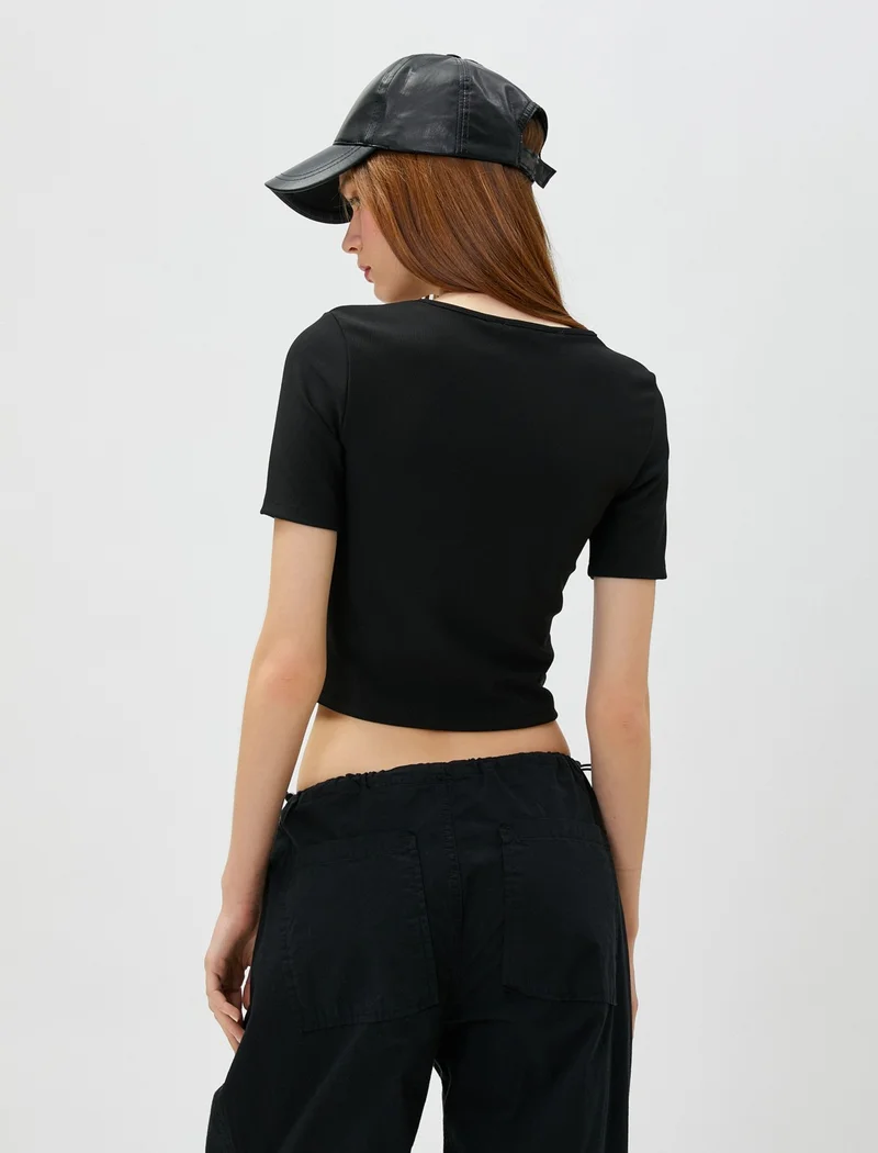 KOTON Crop T-Shirt Corset Look Short Sleeve Crew Neck