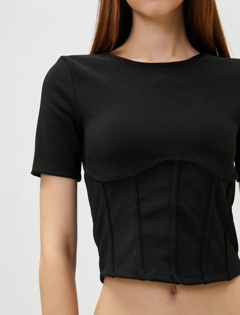 KOTON Crop T-Shirt Corset Look Short Sleeve Crew Neck
