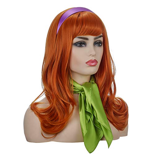 Qaccf Long Wavy Full Bang halloween Costume Women Wig with Purple Head bang and Green Scarf (Ginger) - Image 4