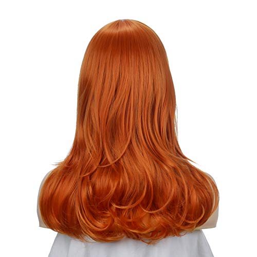Qaccf Long Wavy Full Bang halloween Costume Women Wig with Purple Head bang and Green Scarf (Ginger) - Image 5