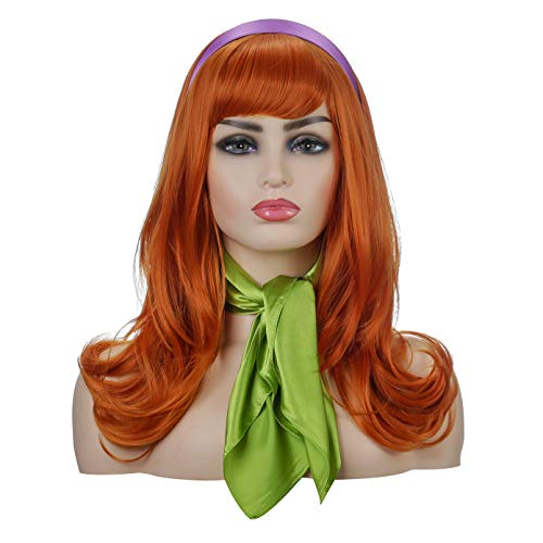 Qaccf Long Wavy Full Bang halloween Costume Women Wig with Purple Head bang and Green Scarf (Ginger) - Image 1