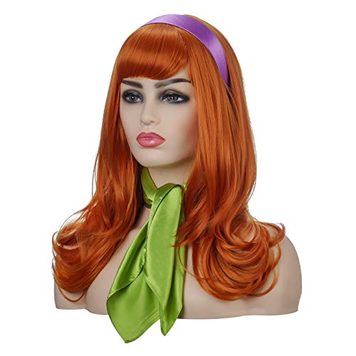 Qaccf Long Wavy Full Bang halloween Costume Women Wig with Purple Head bang and Green Scarf (Ginger) - Image 3
