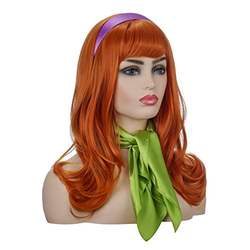 Qaccf Long Wavy Full Bang halloween Costume Women Wig with Purple Head bang and Green Scarf (Ginger) - Image 2