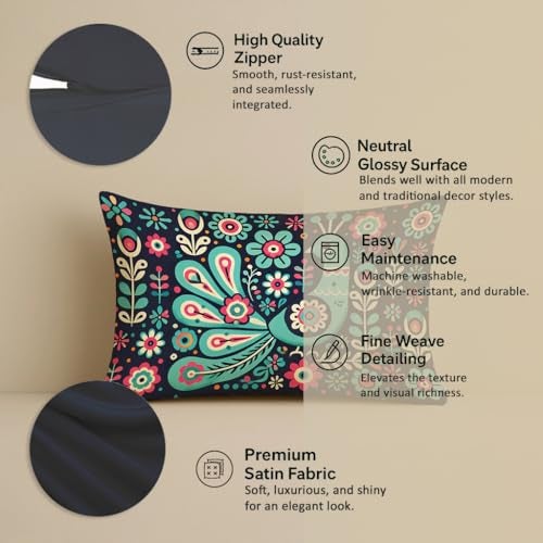 STITCHNEST Folk Art Satin Cushion Covers Peacock & Botanical Motif, 12x18 Inches, Decorative Set for Living Room (Pack of 2) - Image 2