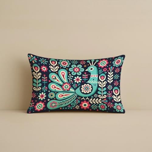 STITCHNEST Folk Art Satin Cushion Covers Peacock & Botanical Motif, 12x18 Inches, Decorative Set for Living Room (Pack of 2) - Image 3
