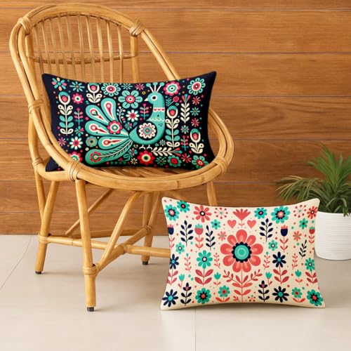 STITCHNEST Folk Art Satin Cushion Covers Peacock & Botanical Motif, 12x18 Inches, Decorative Set for Living Room (Pack of 2) - Image 1