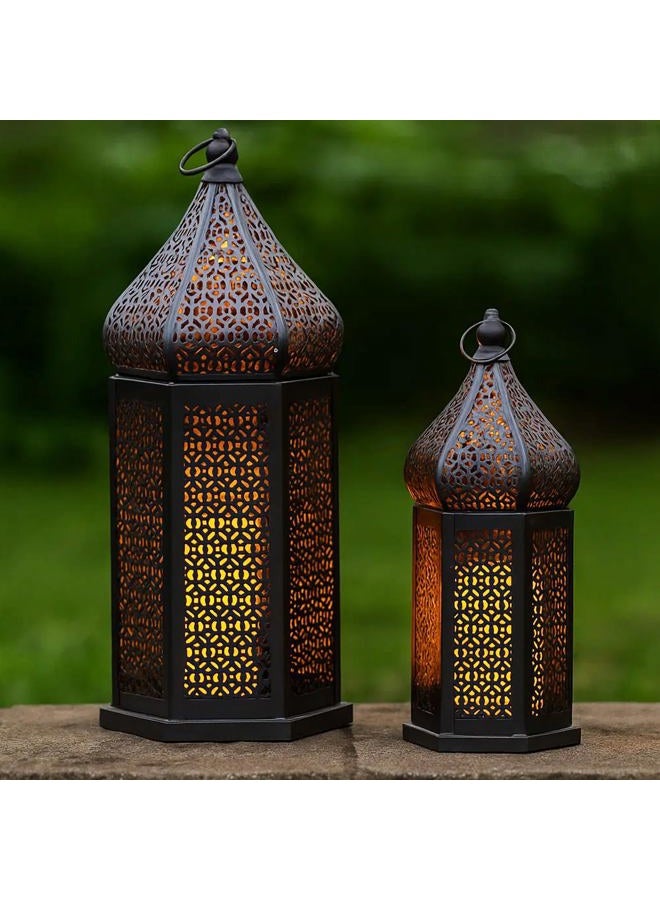 Vela Lanterns Temple Tower Large Moroccan Lantern Lamp Decorative Candle Holders for Ramadan, Patio, Home Decor, Weddings, Black, Set of 2 Lanterns - Image 1