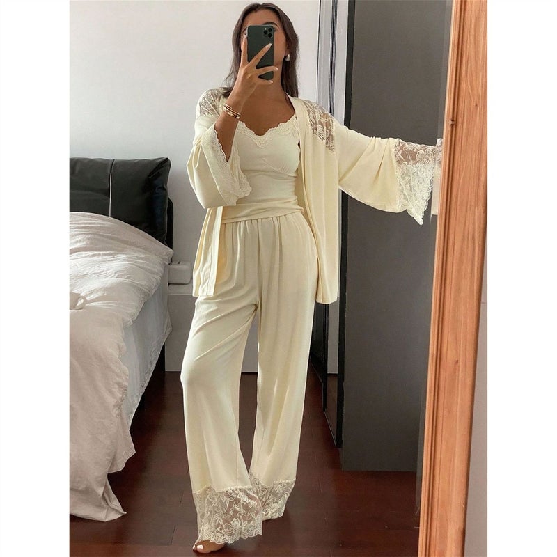 CME Lace Patchwork Three-Piece Sleepwear Set V-Neck Camisole + Lace Patchwork Cardigan with Lace Trim Wide-Leg Lounge Set - Image 1