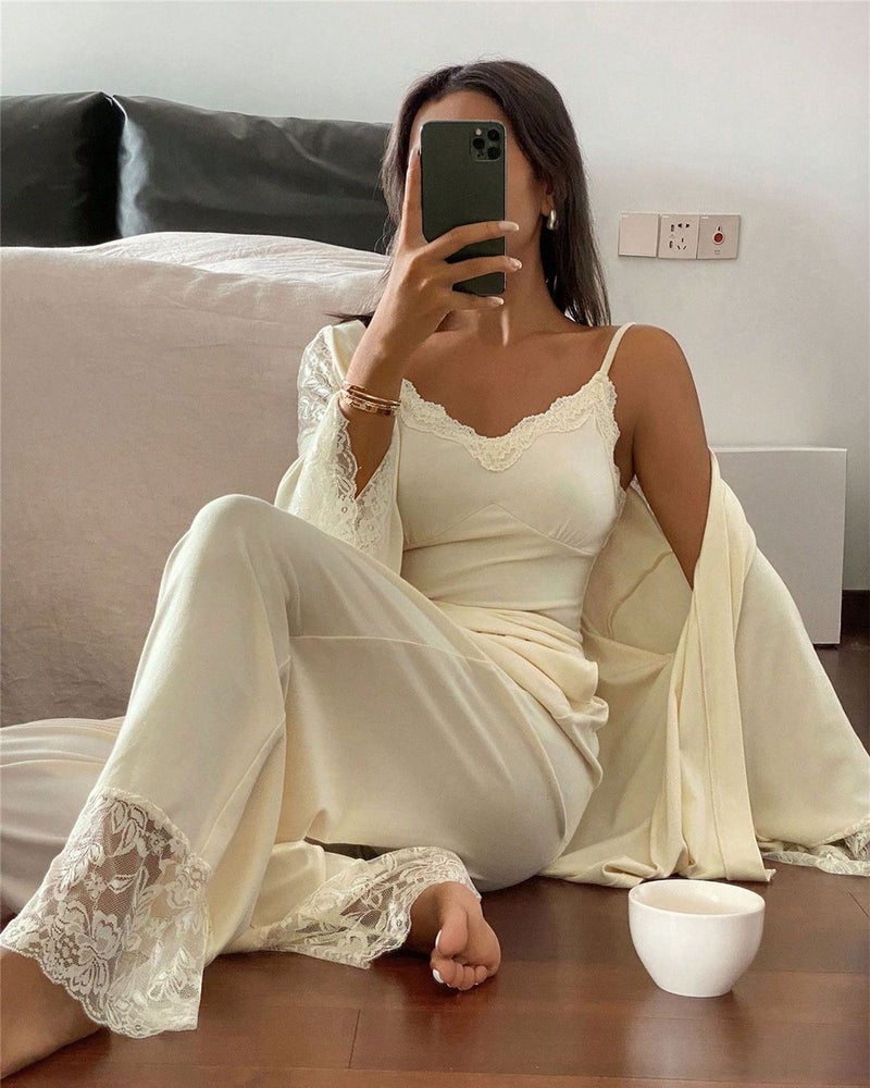 CME Lace Patchwork Three-Piece Sleepwear Set V-Neck Camisole + Lace Patchwork Cardigan with Lace Trim Wide-Leg Lounge Set - Image 3