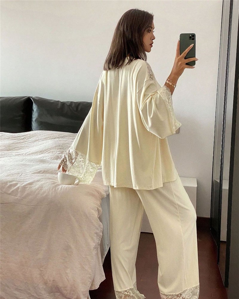 CME Lace Patchwork Three-Piece Sleepwear Set V-Neck Camisole + Lace Patchwork Cardigan with Lace Trim Wide-Leg Lounge Set - Image 2