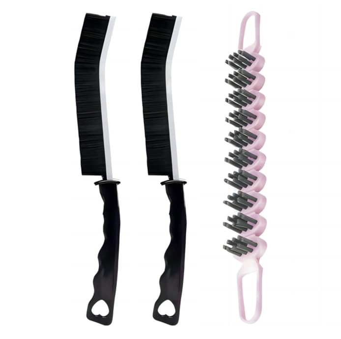 POPGIO Crevice Cleaning Brush Hard Bristle Grout Brush Scrub Brush Toilet Brush Cleaning Tools Cleaning Supplies for Household Use Bathroom Kitchen 3 Pcs (Black&Pink) - Image 1