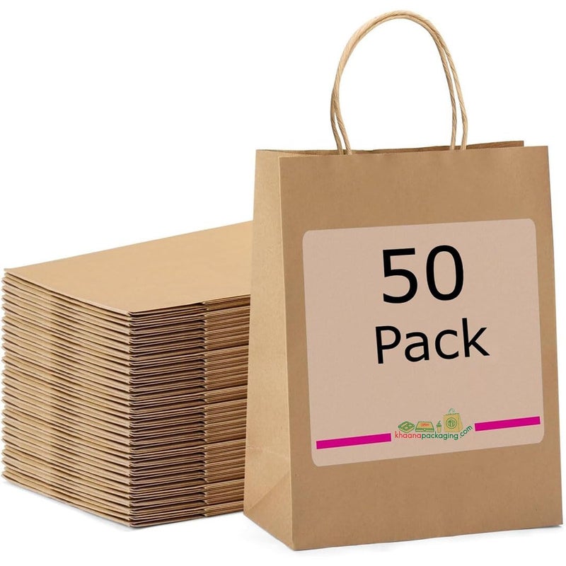 Khaana Packaging Gift Bags Paper Gift Bags Medium Size Brown Paper Bags with Handles Bulk Wedding Party Favor Bags Kraft Grocery Shopping Bags Retail Merchandise Bags 13x10x11 INCH PACK OF 50PCS - Image 1