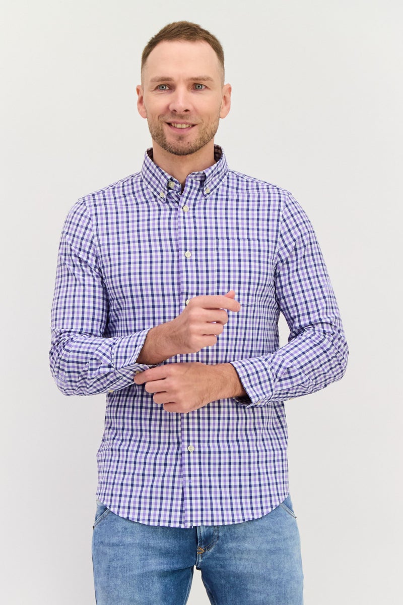 Chaps قميص كاجوال بأكمام طويلة بنمط غينغهام للرجال، مزيج بنفسجي/أبيض - Image 1