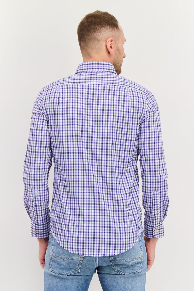 Chaps قميص كاجوال بأكمام طويلة بنمط غينغهام للرجال، مزيج بنفسجي/أبيض - Image 4