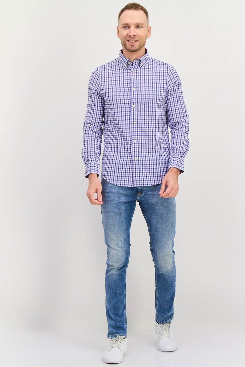 Chaps قميص كاجوال بأكمام طويلة بنمط غينغهام للرجال، مزيج بنفسجي/أبيض - Image 3