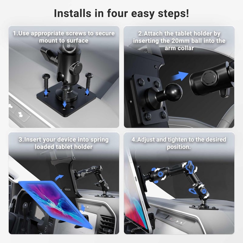 Arkon Heavy-Duty Tablet Holder - Adjustable Arm with Drill Base Mount for Cars, Dashboards, Walls, Desks, Trucks, Vehicles, Tabletops - Professional Flexible Stand for Apple iPad & Android Tablets - Image 5