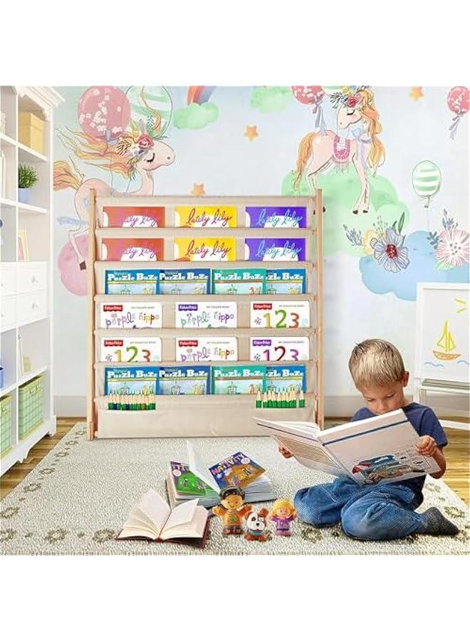 تراسل رف كتب من الخشب الطبيعي مع جيبوب تخزين عميقة 6 طبقات لتخزين الكتب والمجلات وكتب الأطفال الصغار والألعاب ومناسب لغرفة النوم وغرفة الألعاب تراسل بني - Image 2