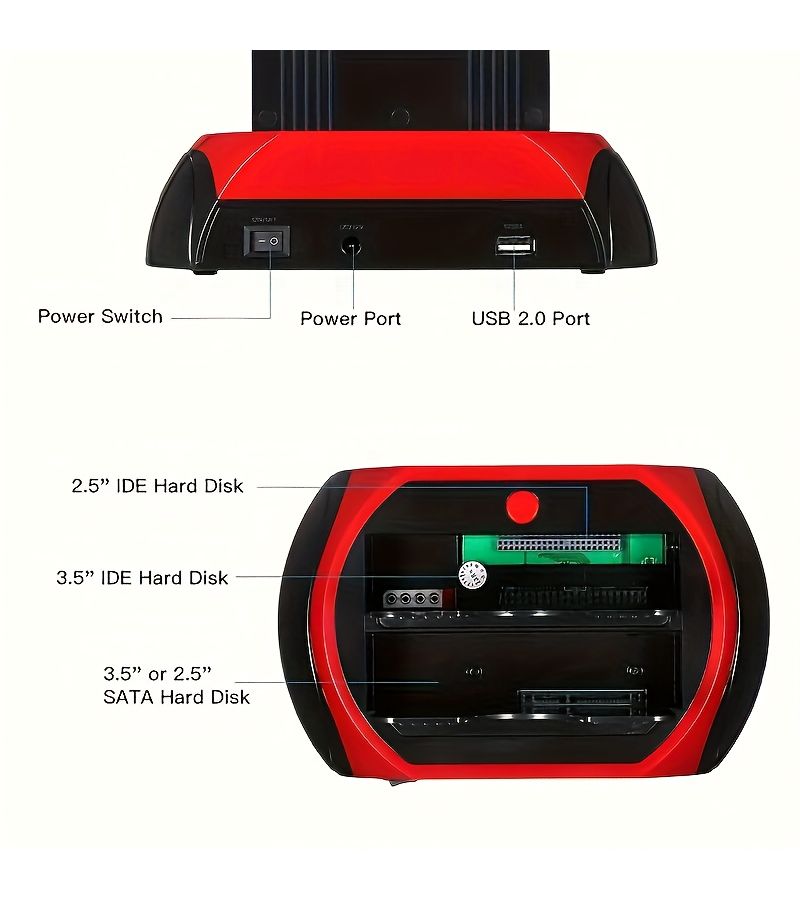 محطة توصيل USB 2.0 إلى SATA للأقراص الصلبة SATA بحجم 2.5 و3.5 بوصة وإطارات SSD باللون الأحمر، متوافقة، نقل بيانات فعال، اتصال ثابت، قابس أوروبي قياسي بدون مزود طاقة. - Image 3