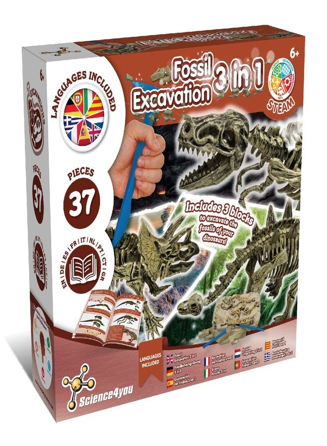 Science4you Dinosaur Fossil Excavation 3 in 1 - Fossil Digging Kit for Kids: T-Rex & Triceratops & Stegosaurus, 3 Dinosaurs Toys for Kids, 37 Pieces, Toys, Games, Gifts for 6+ Year Old Boys and Girls - Image 1