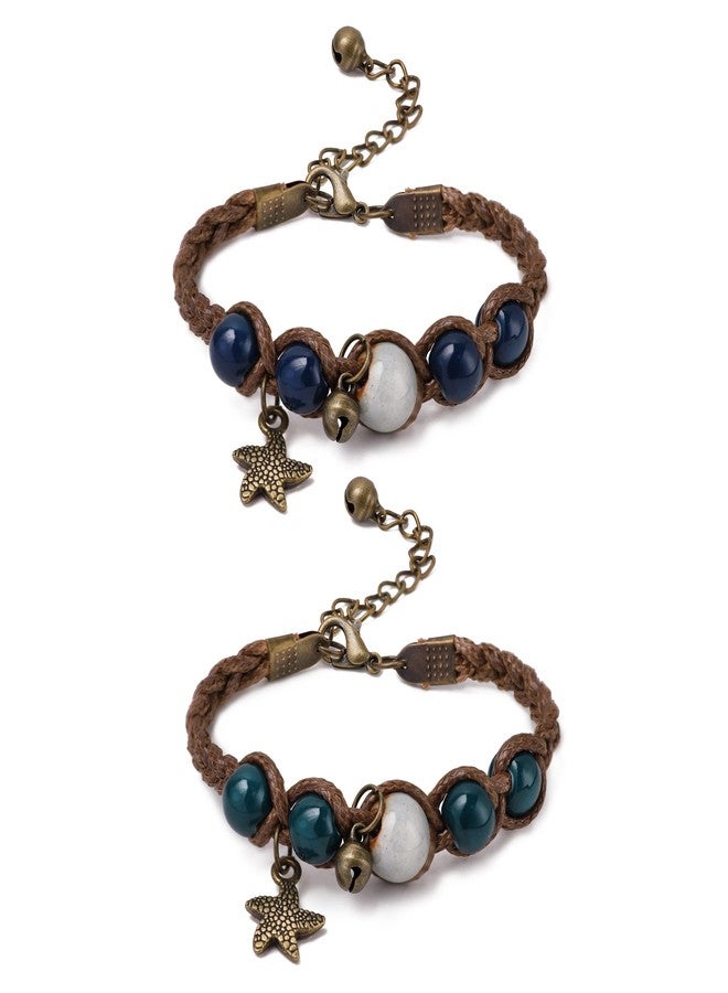 MINACHI Vintage Ceramic Beads Starfish Charm Bracelet, Jewelry Set for Women, Pack of 2 - Image 1