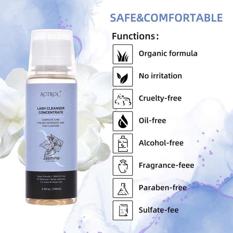ACTROL Eyelash Cleanser Concentrate 100ml Jasmine Professional Lash Shampoo Foaming Cleanser Paraben & Sulfate Free Non-lrritating Wash for Extensions Lashes with Salon Home Care-Makes 20 Bottles - Image 3