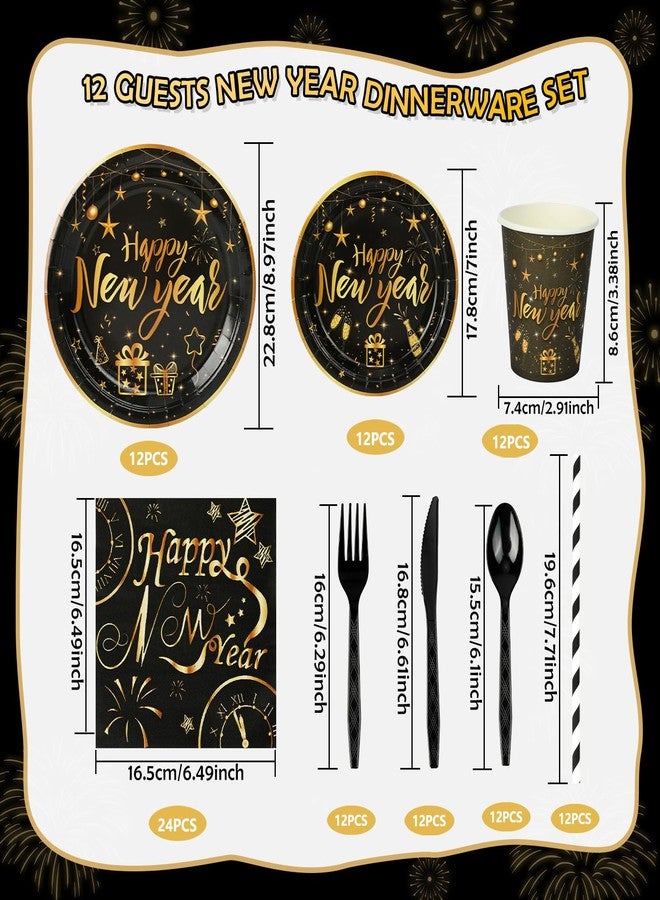 HOWAF 109pcs New Years Decorations Party Tableware Set, Serves 12, New Year Plates and Napkins and Cups Cutlery Straws Tablecloth Disposable Dinnerware Set for New Years Eve Decorations 2026 - Image 2
