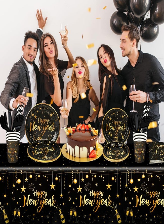 HOWAF 109pcs New Years Decorations Party Tableware Set, Serves 12, New Year Plates and Napkins and Cups Cutlery Straws Tablecloth Disposable Dinnerware Set for New Years Eve Decorations 2026 - Image 5