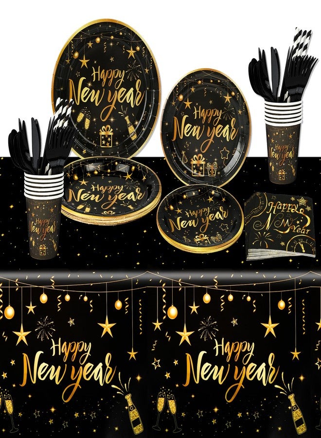 HOWAF 109pcs New Years Decorations Party Tableware Set, Serves 12, New Year Plates and Napkins and Cups Cutlery Straws Tablecloth Disposable Dinnerware Set for New Years Eve Decorations 2026 - Image 1