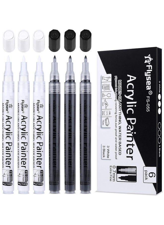 Flysea - Paint Pens White Black Marker 6 Pack, 0.7MM Acrylic White Permanent Marker, White Paint Pens For Rock Painting Stone Ceramic Glass Wood Plastic Glass Metal Canvas Water-Based Extra Fine Point - Image 1