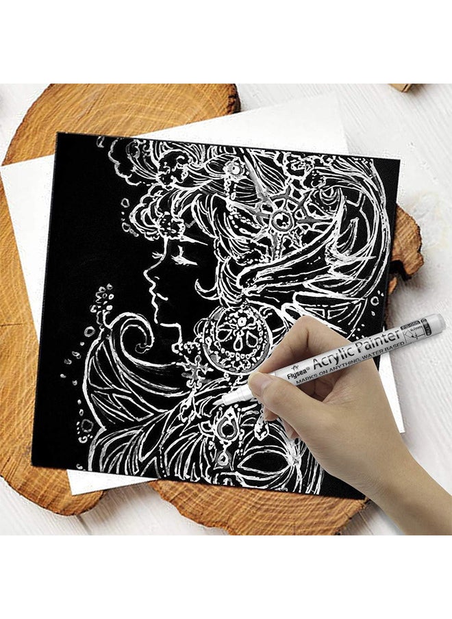 Flysea - Paint Pens White Black Marker 6 Pack, 0.7MM Acrylic White Permanent Marker, White Paint Pens For Rock Painting Stone Ceramic Glass Wood Plastic Glass Metal Canvas Water-Based Extra Fine Point - Image 1