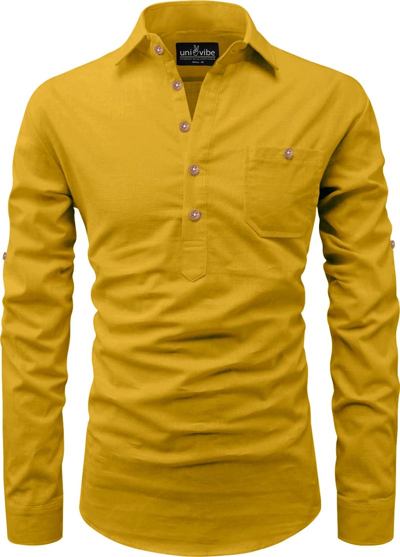 Univibe Men Cotton Full Sleeve Casual, Slim Fit Shirt Style Short Kurta With Pocket (Yellow, 44), 2XL - Image 3